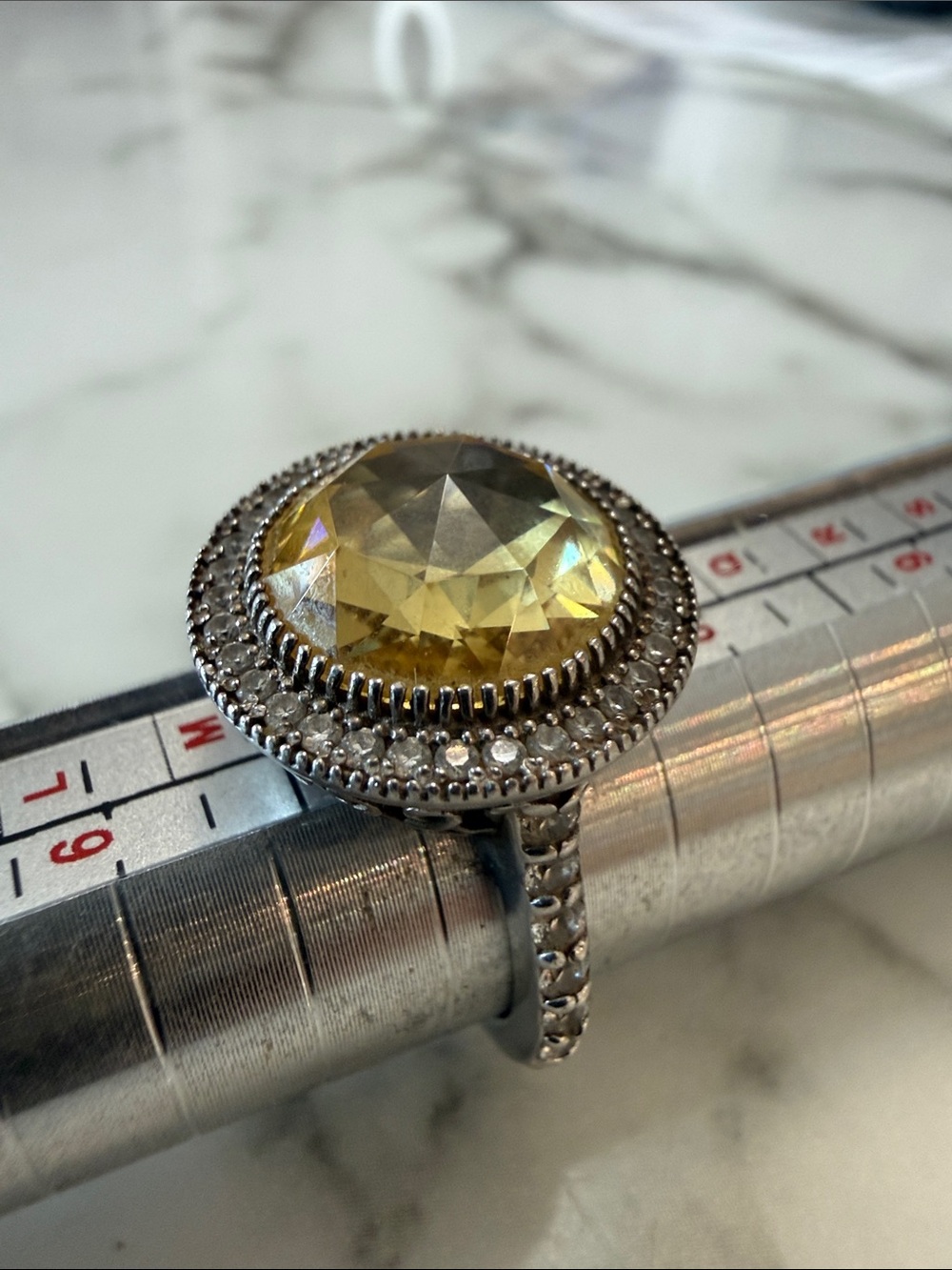 Jean Dousset silver halo ring with yellow and white CZs, size 7